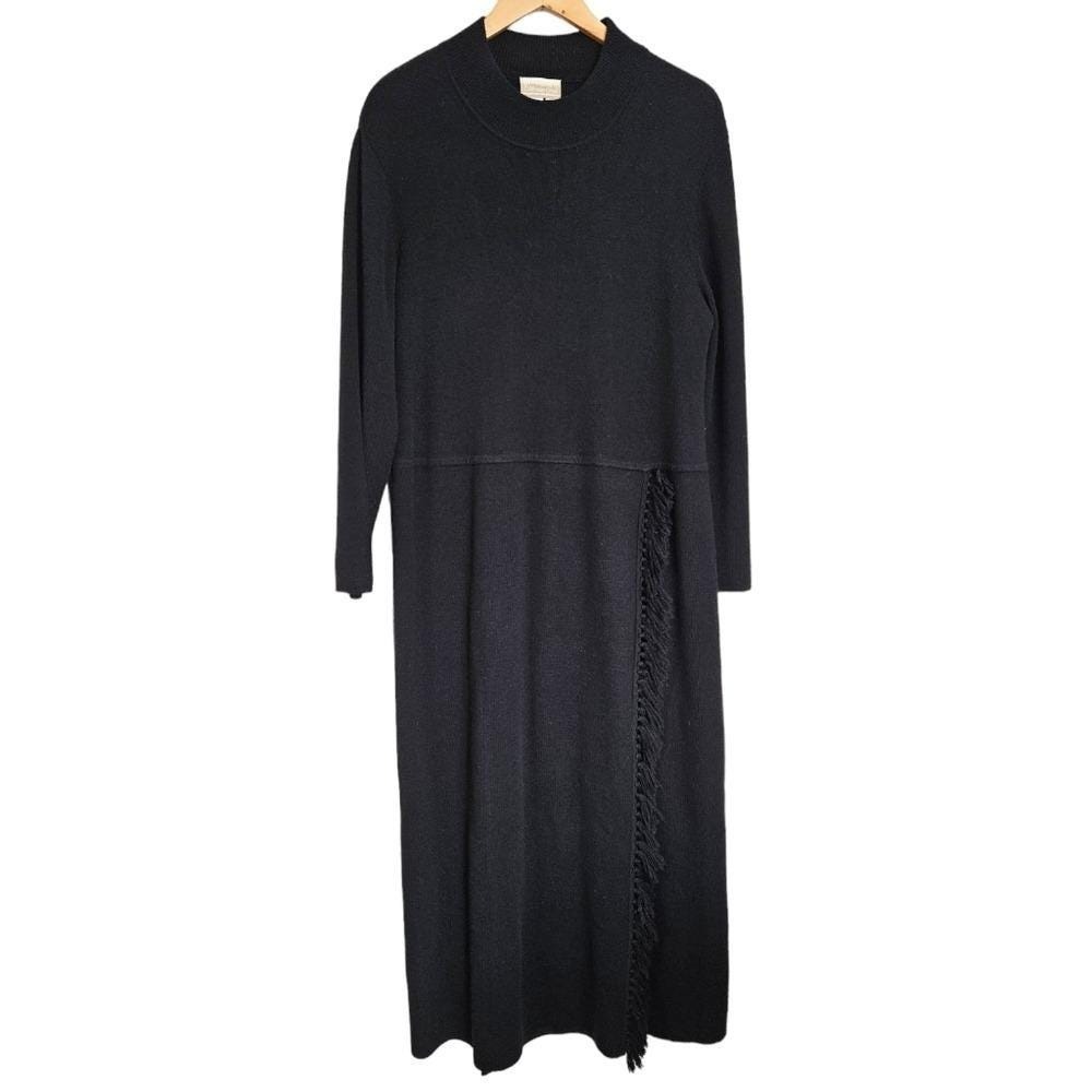 Retro Coldwater Creek Black Wool Blend Long Sleeve Maxi Fringe Sweater Dress